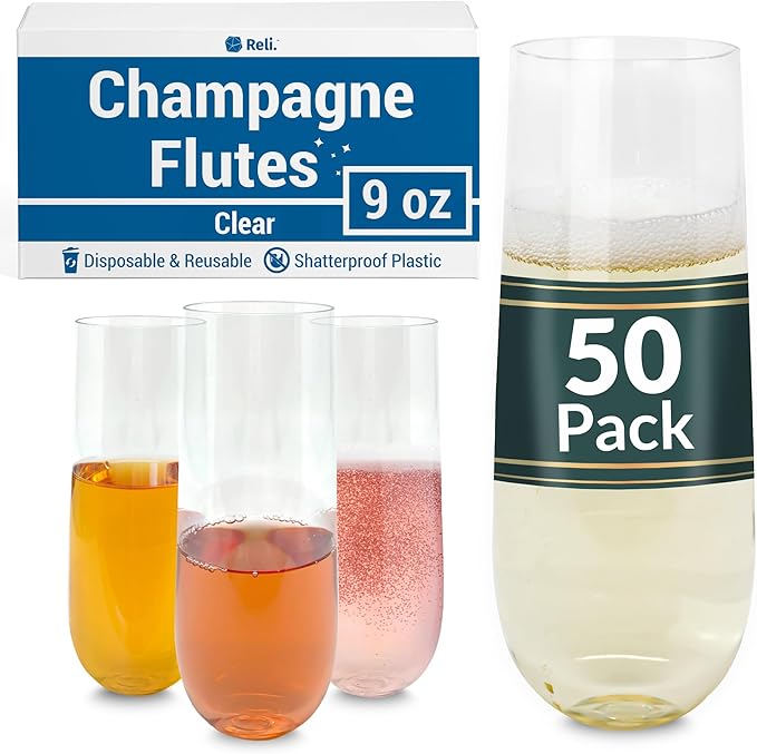 Reli. Champagne Flutes Plastic (50 Pack, 9oz) Clear, Stemless | Disposable Mimosa Glasses for Champagne, Mimosa, Cocktail,...