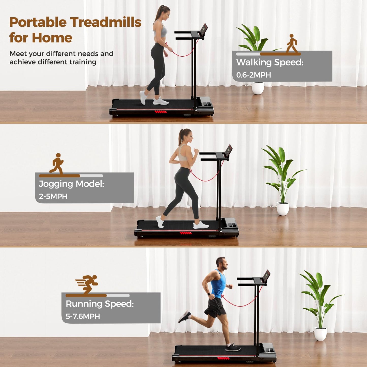 Treadmill with Handle, 3.0HP Treadmills for Home Small Spaces,Electric Portable Foldable treadmills with LED Display, Walking Pad Treadmill with Handle,Compact Walking Treadmills with 320 LBS Capacity