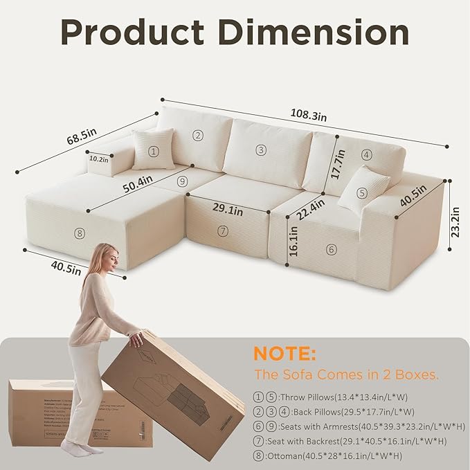 INGEROOM 108" Cloud Sectional Couch with Chaise, Modular L-Shaped Sofa, Deep Seat Comfy Corduroy Memory Foam Couch for Apartments, Dorms or Small Space, No Assembly Required, Beige