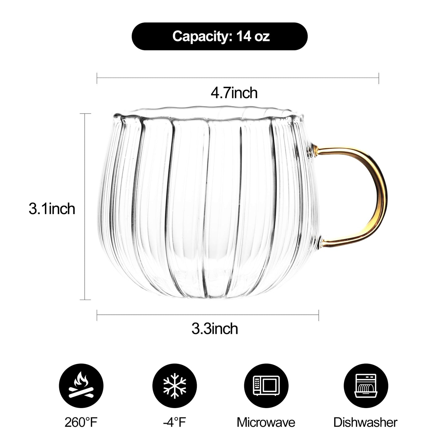 LUATSDAR Halloween Pumpkin Mugs 14 oz Glass Coffee Mugs Set of 2, Drinking Glasses with Yellow Handle, Clear Glass Cups for Hot or Cold Drinks like Cappuccino, Latte, Cocoa, Milk, Tea