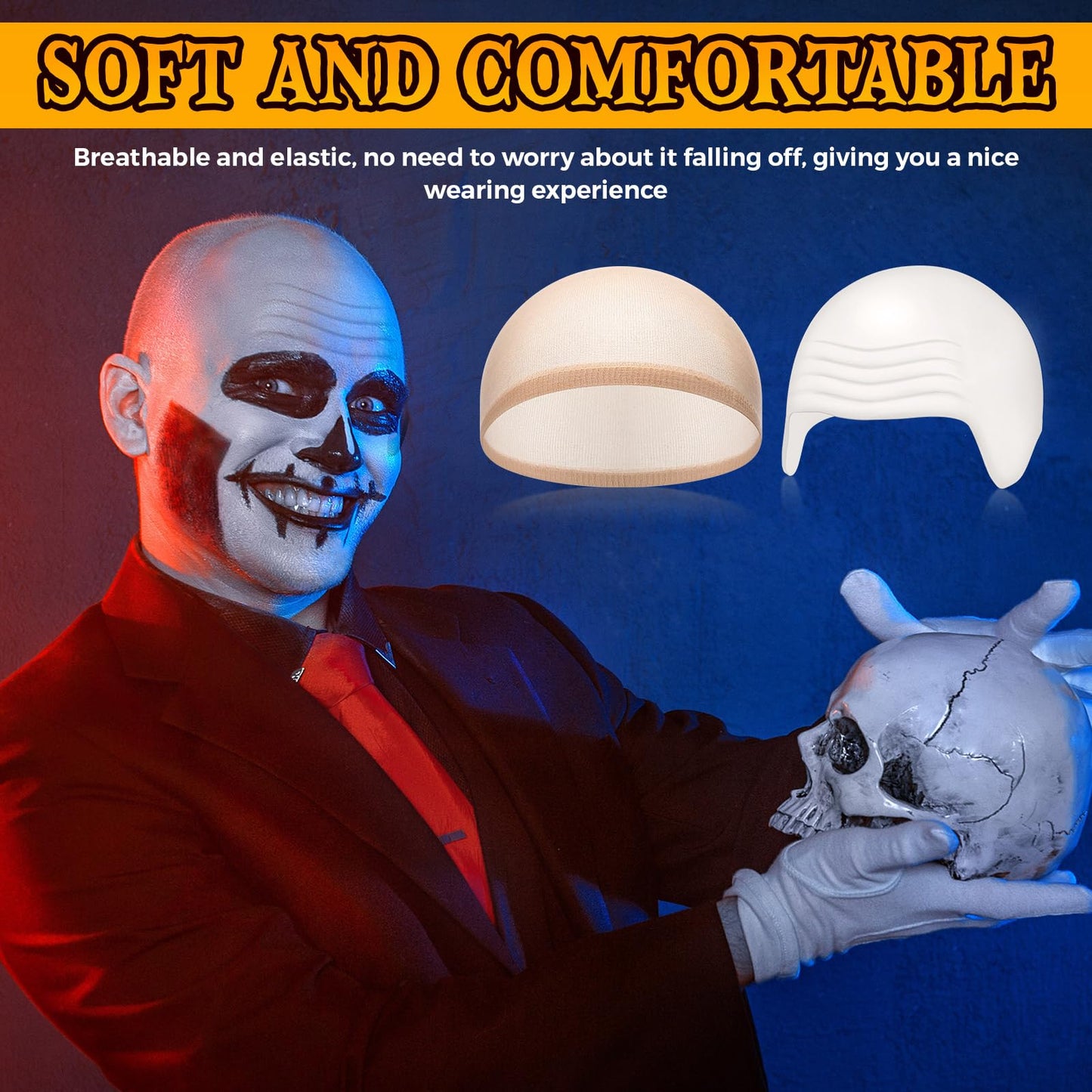 Syhood 2 Pieces Halloween Bald Cap Makeup Latex Bald Head Wig Caps Cosplay Costume for Adults(White,Large)