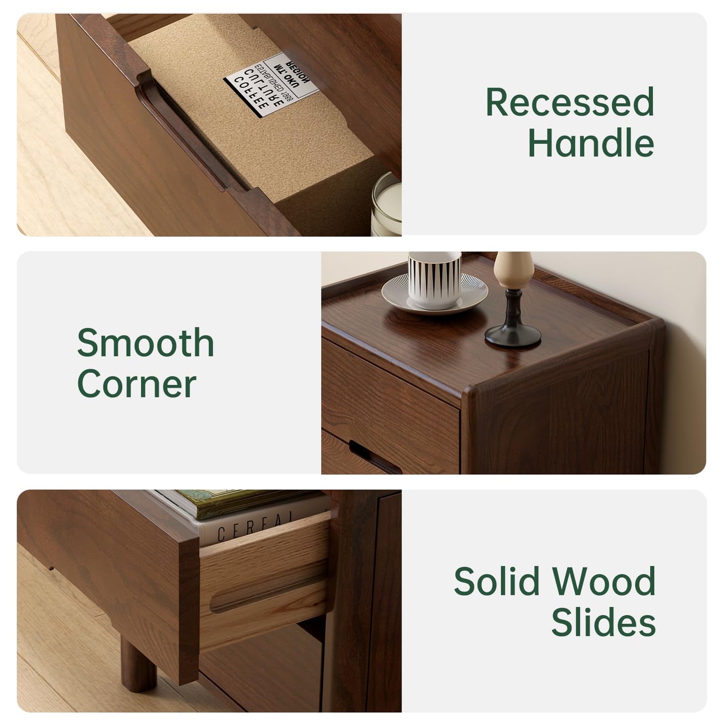 Wayshome Solid Wood Oak Nightstand, Mid Century Modern Night Stand with 2 Drawer, Small Nightstand for Small Spaces, Wood Side End Tables Living Room, Bedroom(Walnut, 17.13" H)