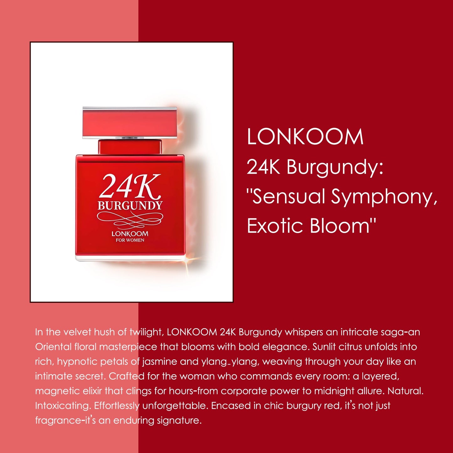 Lonkoom 24K Burgundy Perfume for Women, 3.4 Fl Oz/100ml Sweet Rose Eau de Parfum Spray Long-Lasting Fragrance, Oriental Floral Notes of Rose Orange Blossom Musk Vanilla Tangerine Bergamot Jasmine