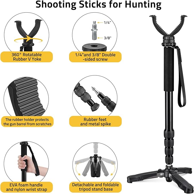 CVLIFE Hunting Monopod Shooting Stick, Shooting Rest Hunting Tripod Gun Rifle Rest, Adjustable Aluminum 20.5"-66.1" with Tiltable and Rotatable Tri-Stand Tripod Base and Rubber V Yoke for Outdoor
