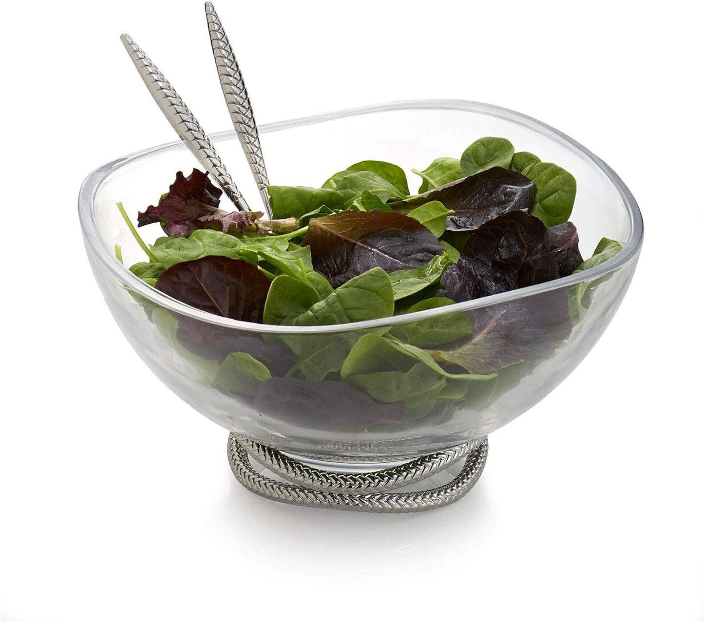 Nambe Braid 12" Glass Salad Bowl with Servers - Chrome Plated Decorative Serving Bowl with 10.5” Stainless Steel Spoons - Modern Dining Table Centerpiece - Ideal Gift for Weddings & Housewarming