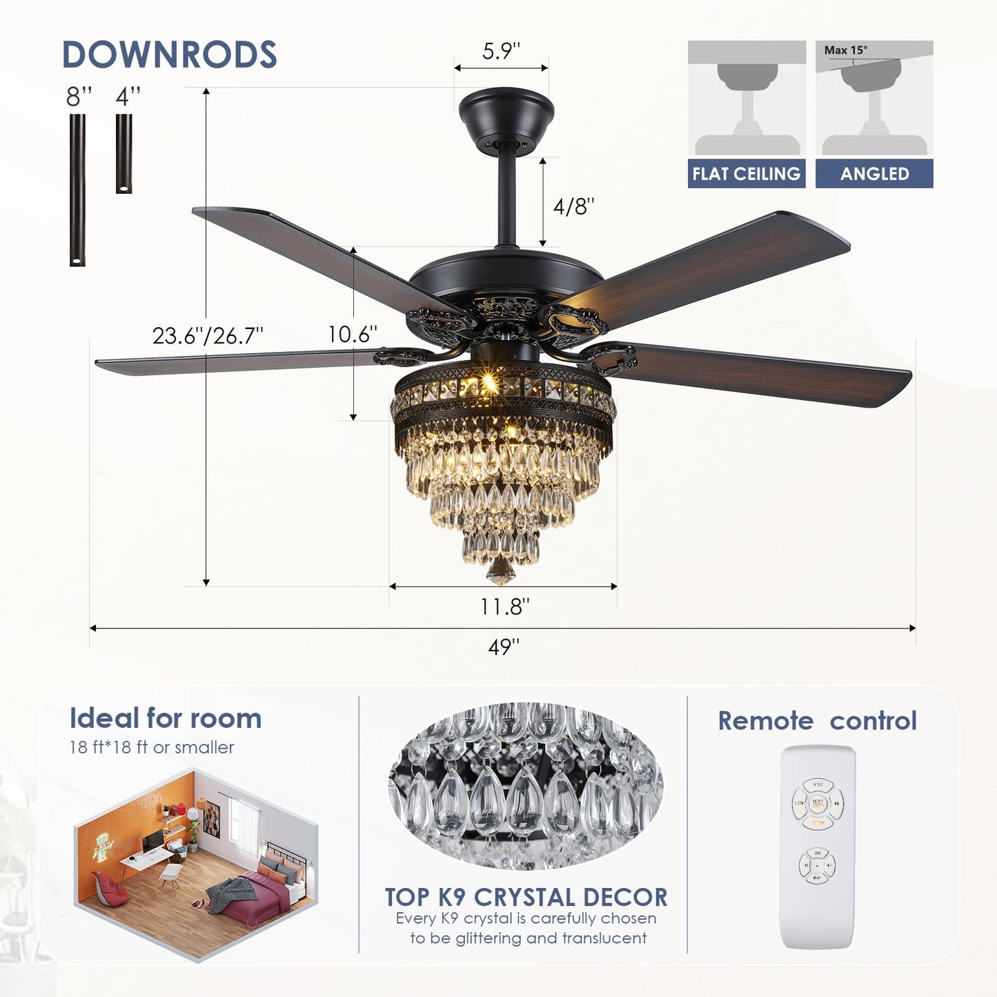Asyko Crystal Ceiling Fan Fandelier with Lights - Modern Black Chandelier Fans with Remote Control，Noiseless AC Motor, Retro/Farmhouse Lighting, Dining Room， Living Room (52"