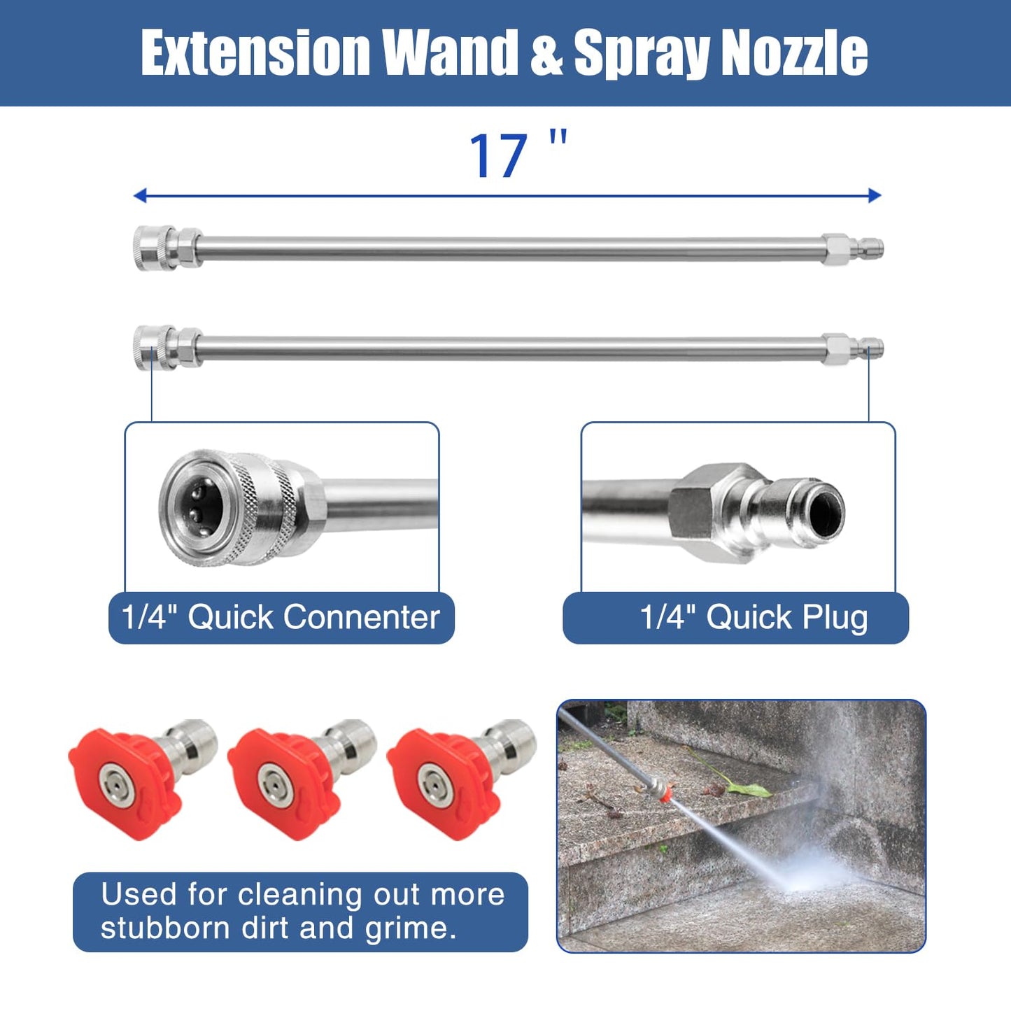 JANZ 20'' Pressure Washer Surface Cleaner with 4 Wheels, Stainless Steel Housing, 1/4" Quick Plug, 2 Extension Wands, 2 Replacement Nozzles and 3 Spray Nozzles, 4000 PSI