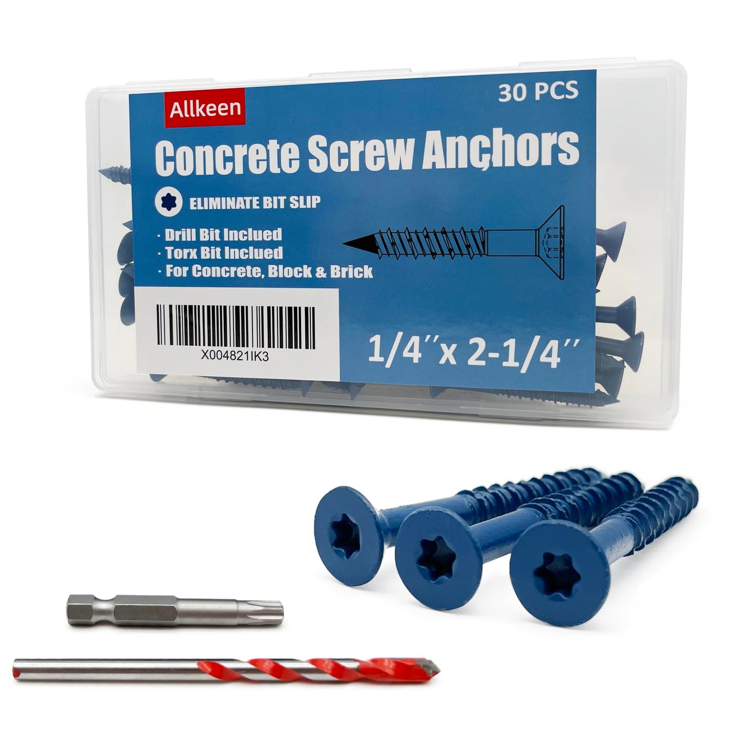 Allkeen 1/4" x 2-1/4" Concrete Screws, Anchoring to Masonry, Brick, Block, Cement or Stucco, 30PCS