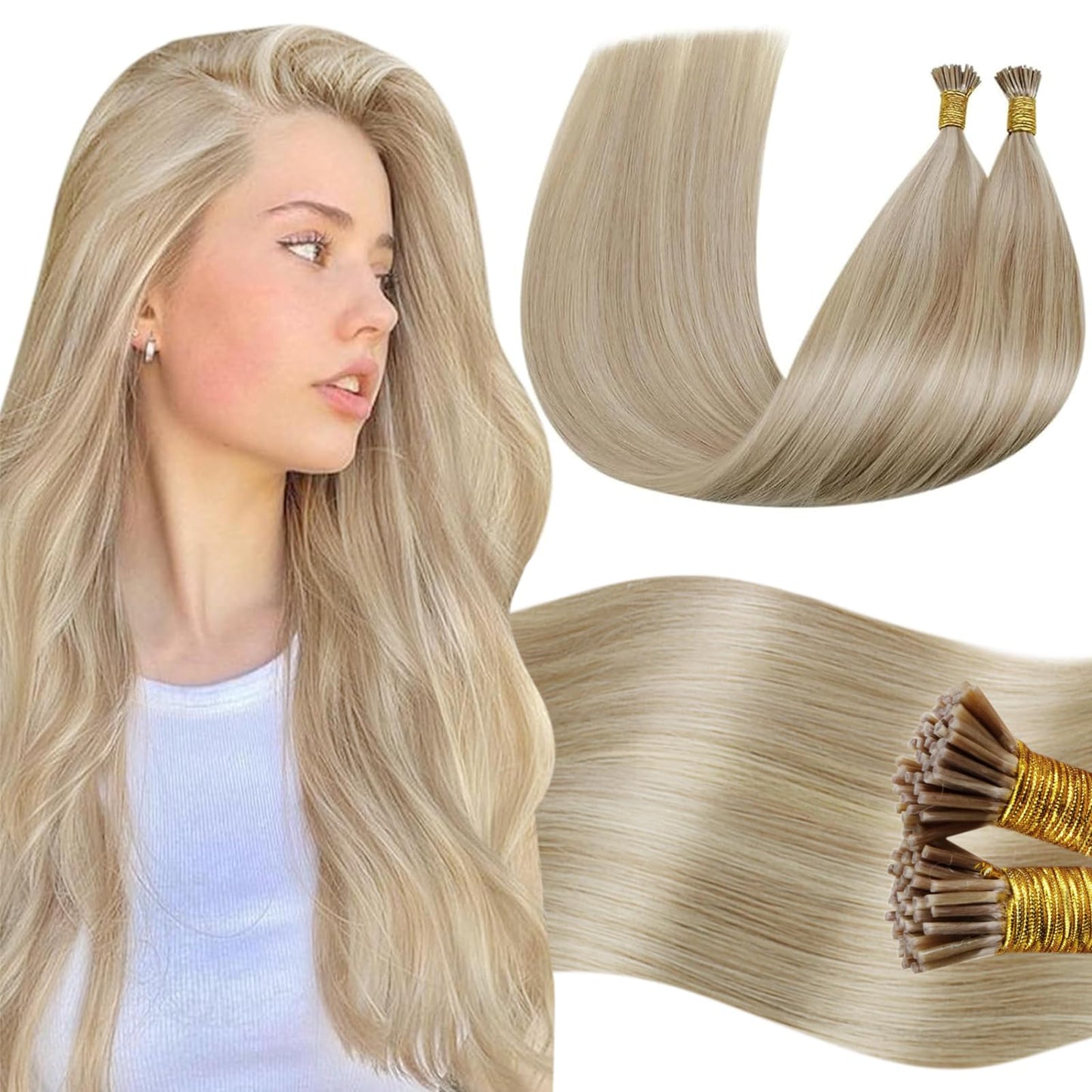 LaaVoo Itips Hair Extensions Human Hair Ash Blonde Highlighted Bleach Blonde I Tip Hair Extensions Stick Tip 22in 50g 50s