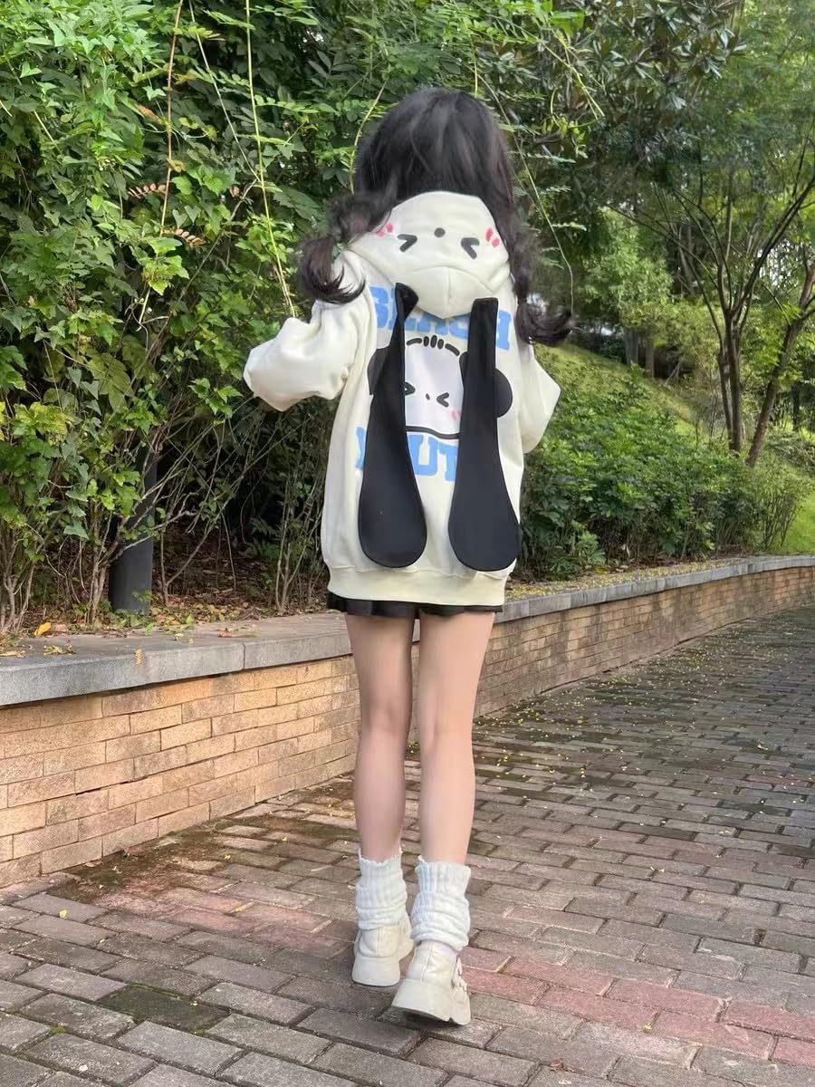 grhaat Kawaii Hoodie Zipper Harajuku Puppy Long Ear Casual Loose Hooded Sweatshirt Cutecore Y2k Graphic Pullovers (Small,beige)