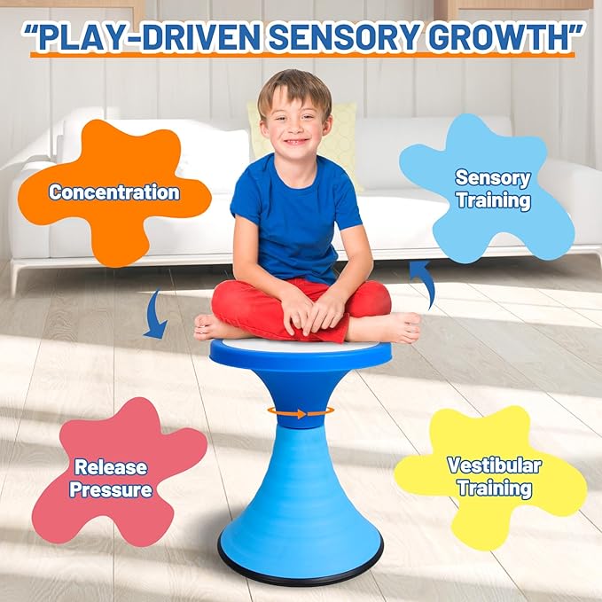 AOBOTE Kids Wobble Stool, 360° Rotatable Children Swivel Chair with Color Block Design, 100KG Load Bearing, for Home and Classroom Learning, Ages 6+ (Blue)