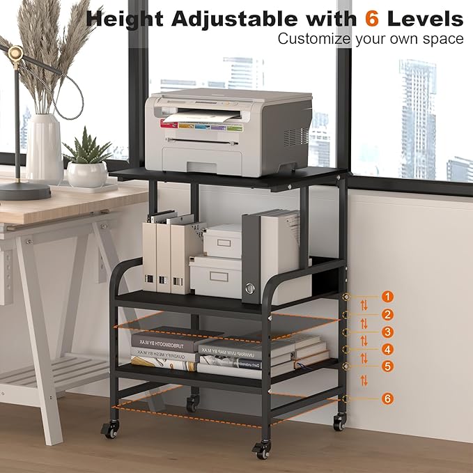 STEELIST Black Printer Stand, Large Printer Table with Wheels, 32.48 X 22.05 X 18.9 Home Office Rolling Stand with Adjustable Shelf, Heavy Duty Printer Cart for Scanner, Fax, Black Ebony