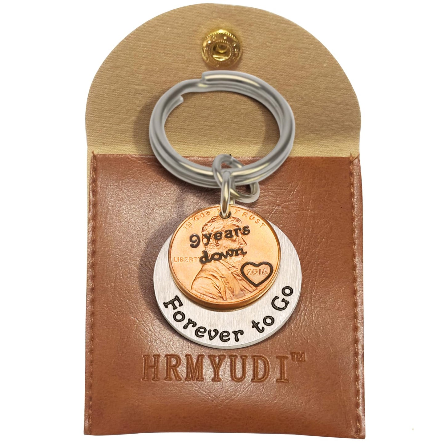HRMYUDI 9 Years Anniversary Pottery Wedding Gift for Man Woman, Coin Keychain with a 2016 Penny, 9 Years Down and Forever To Go, Ninth Wood Wedding Anniversary Presents for Him Her