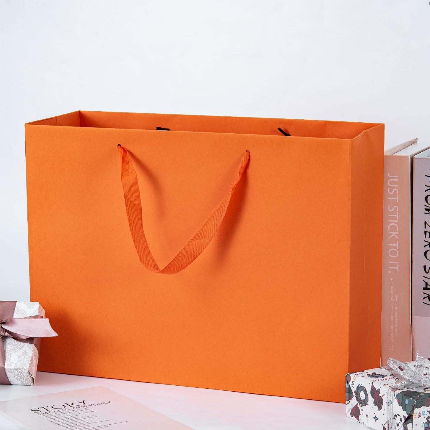 Umoofine Large Orange Gift Bag 12 Pack, 15.7x5.9x12 Inches Extra Large Kraft Gift Bags with Ribbon Handles, Reusable Heavy Duty Kraft Orange Paper Bags Bulk for Shopping, Wedding, Gift, Retail