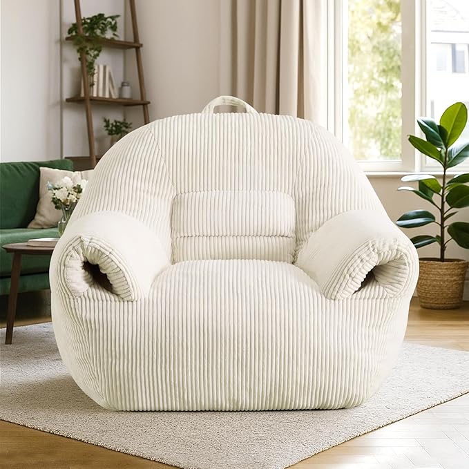 Peace nest Bean Bag Chair with Memory Foam Filled Ultra Soft Corduroy Cover for Adults Comfy Fur Bean Bag Chairs with Armrests for Bedroom Living Room Office Dorm Reading Beige
