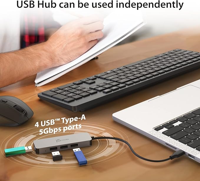 j5create Portable Aluminum Laptop Stand with USB 4-Port Hub, Foldable and Adjustable Notebook Riser with 4 USB-A Ports for MacBook, Laptop, and Tablet up to 16" (JTS223)