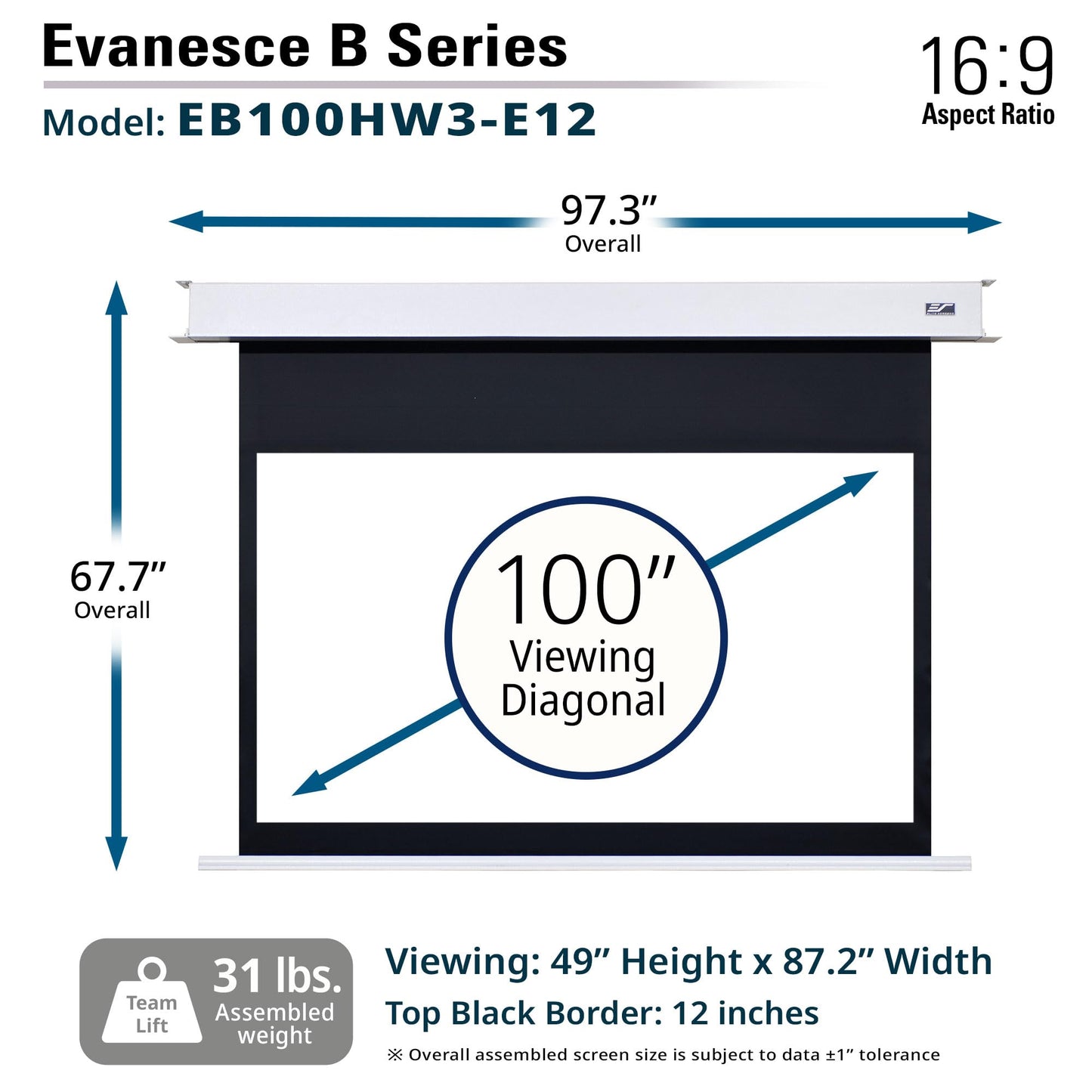 Elite Screens Recessed in-Ceiling Adjustable Vertical Drop Motorized Projector Screen, 100-INCH with Extra 12" Drop, 8K/4K Ultra HD Ready Fiberglass Reinforced, EB100HW3-E12