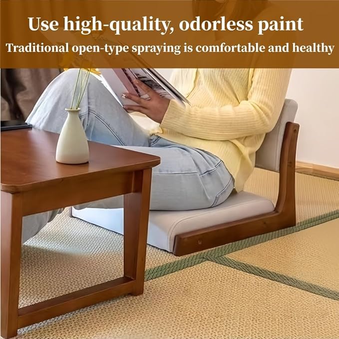 Japanese Style Legless Floor Chair with Back Support, Wooden Tatami Meditation Chair with Cushion, Low Sofa Floor Seat for Living Room, Bedroom, Bay Window(Technology Fabric 1)
