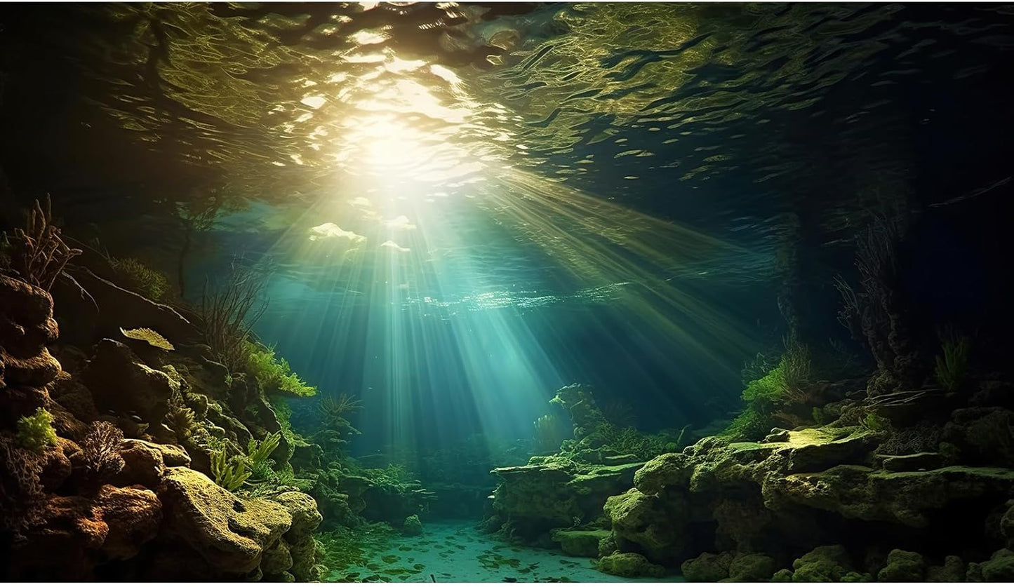 Fish Tank Background Under The Sea Aquarium Background Ocean Floor Sunray Rock Terrarium Backgrounds Coral Reef Aquatic Plants Underwater Cave Aquarium Wallpaper for Fish Tank Decorations 48x20in