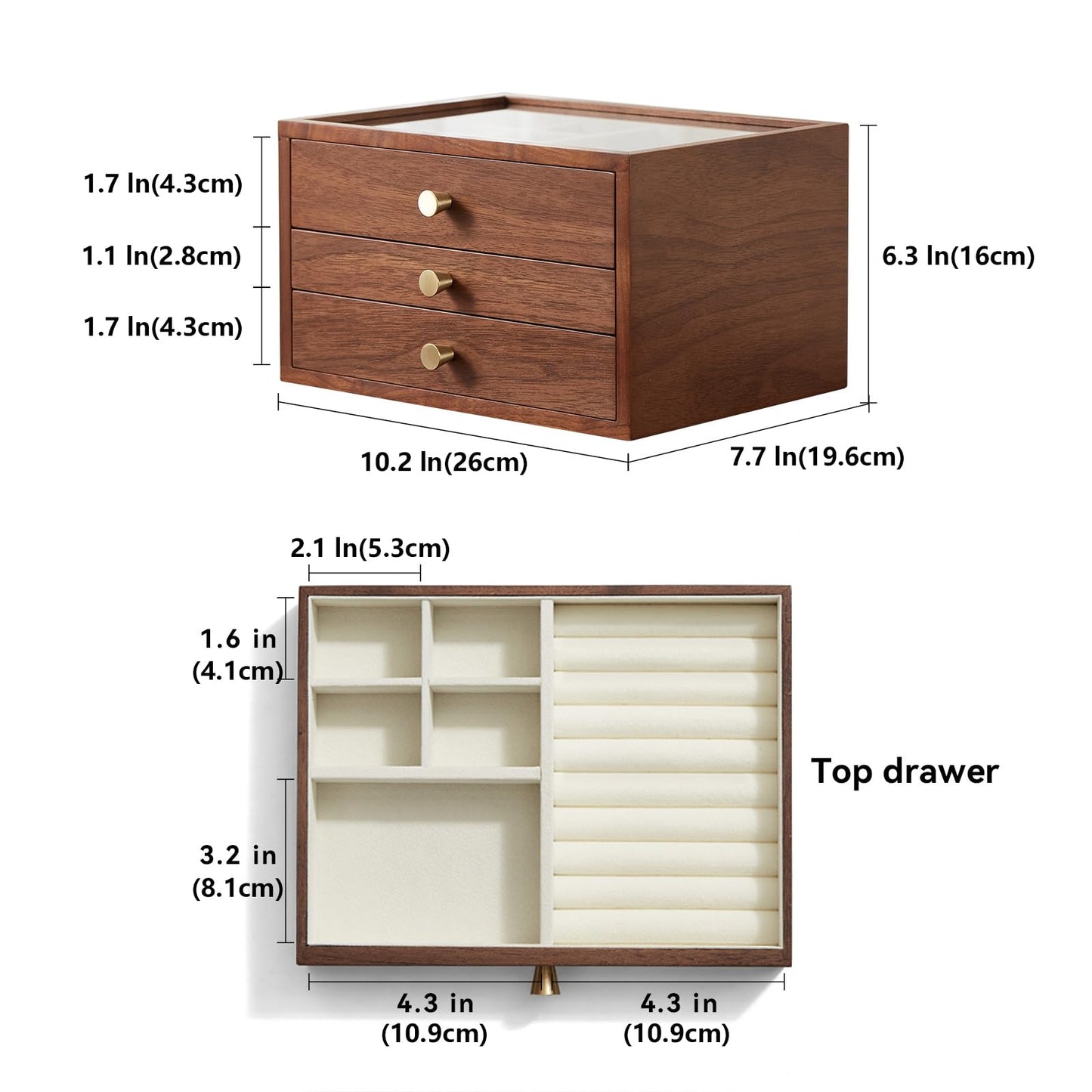 Homruilink Black Walnut Wooden Jewelry Box Women large 3 Layer Drawer Organizer Box with Glass Lid for Necklaces, Watch, Necklace, Ring, Earring Storage, Ideal Gift
