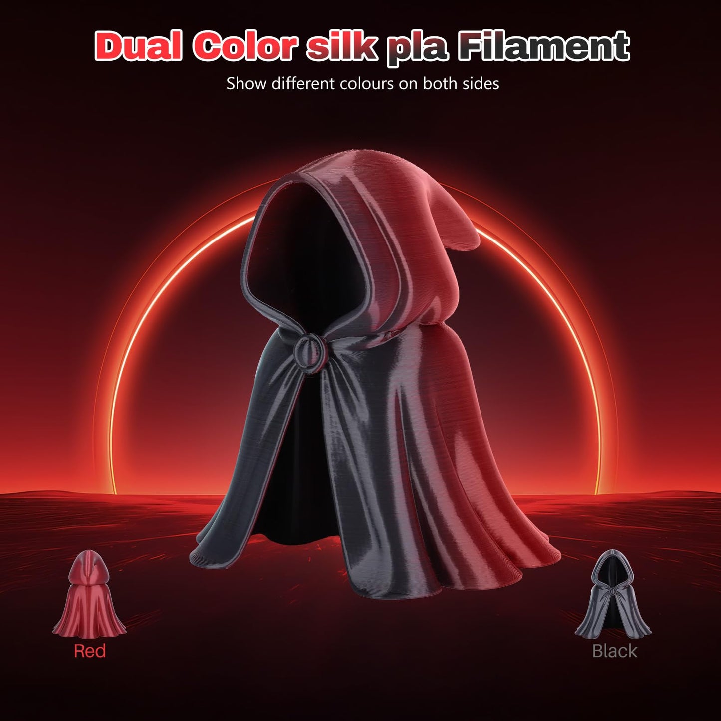 3DHoJor Silk PLA Filament 1.75mm Black Red Dual Color PLA 3D Printer Filament 2 in 1 Coextrusion 1KG Spool(2.2lbs) 3D Printing Filament Dimensional Accuracy +/- 0.03mm