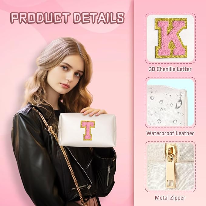 TOPEAST Personalized Makeup Bag, Chenille Letter Pouch Cosmetic Bag w Zipper, PU Leather Waterproof Toiletry Bag, Bridal Shower Gifts for Bridesmaids, Cute Stuff for Girls (Pearly White P)