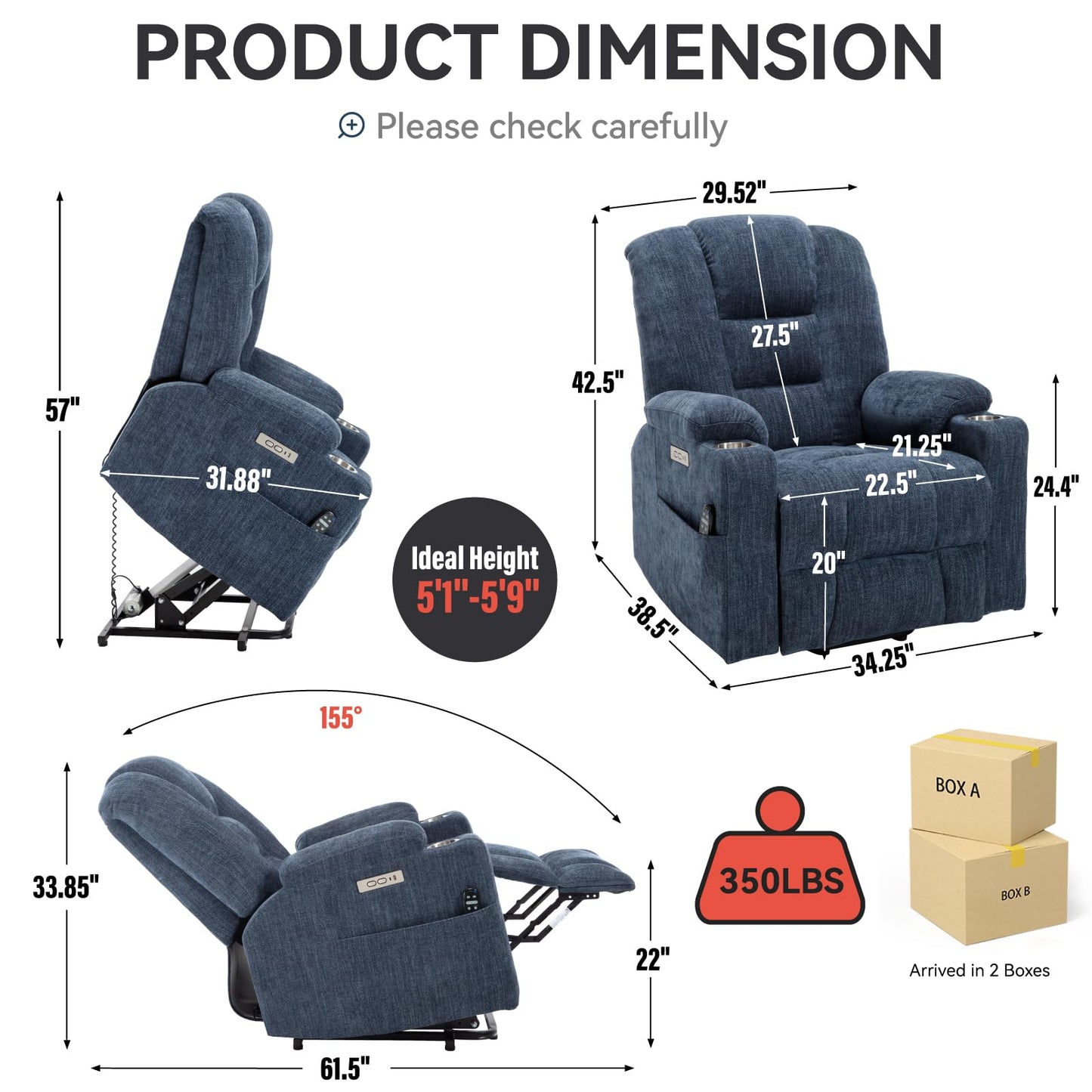 KEIKI Oversized Power Lift Recliner Chair with Heat & Massage, Reding Rocking Chair for Adult, High Seat Chenille Recliner with Side Pocket, USB Port, Cup Holder, Lumbar Support for Living Room, Blue