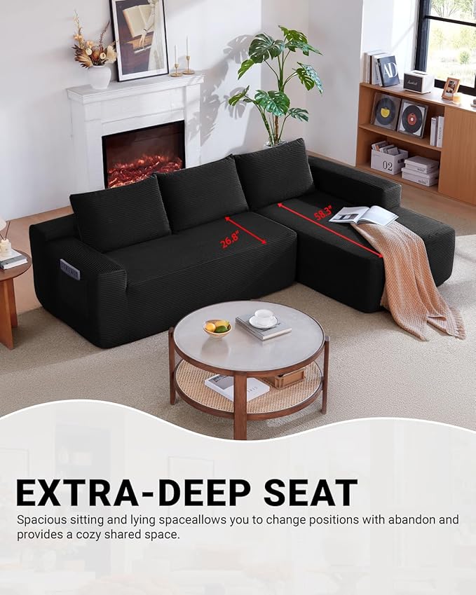 97" Cloud Sectional Couch,Modern Modular Sectional Sofa with Deep Seat,Corduroy Boneless Couches with L-Shape Chaise for Living Room Bedroom,No Assembly Required (Black, 97" Right Facing Chaise)