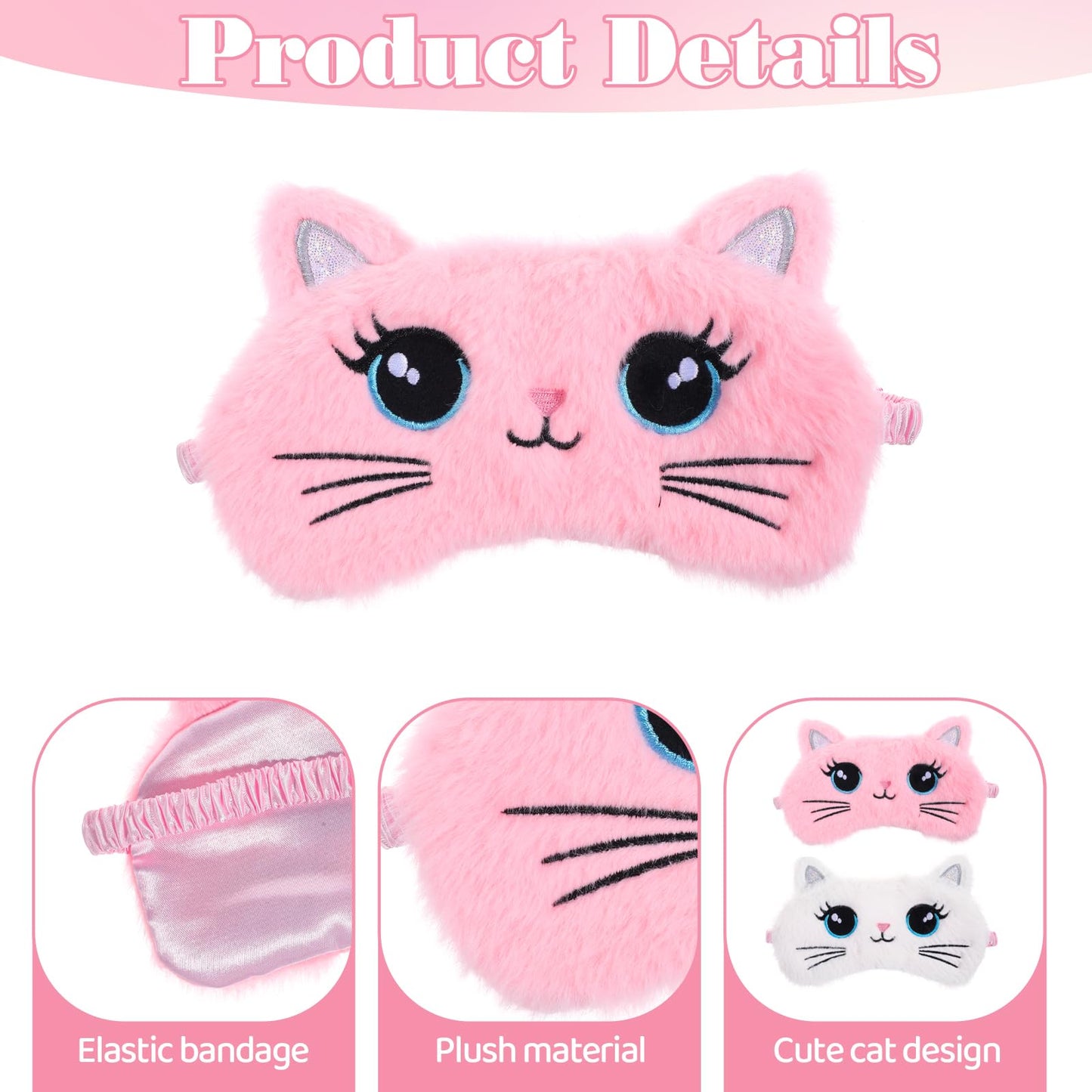 Kids Sleep Mask, 2 Pcs Cute Cat Sleeping Eye Mask Soft Plush Girls Sleep Masks Comfortable Funny Animal Night Eye Masks for Sleeping Blindfold Eye-Cover for Women Girls Home Travel (Pink, White)