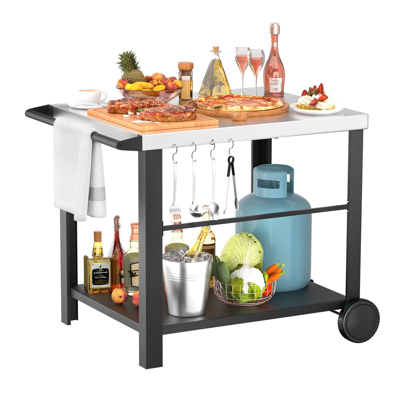 34" x 24" Movable Stainless Steel Flattop Grill Cart for Ninja Woodfire & Blackstone Griddles, Pizza Oven Table for Outside, Extra-Wide Stainless Steel Cart with Wheels for Kitchen Food Prep Table