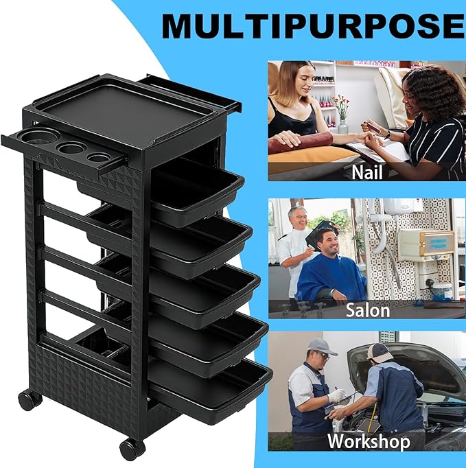 Salon Trolley Cart with Wheels & 5 Drawers, Salon Rolling Stations for Hair Stylist,Hairstylist for Beauty Tattoo Hairdressing Beauty Equipment, Black (T27-5DRAWER)