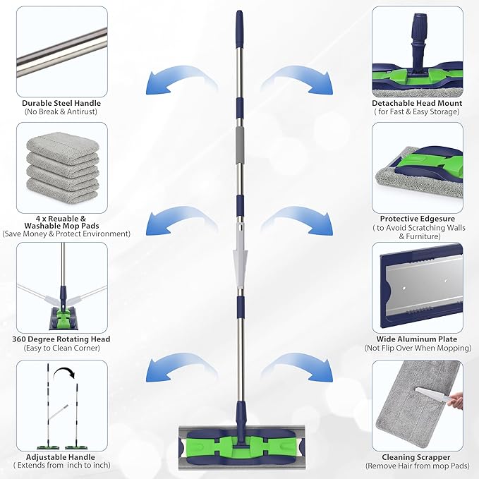 Microfiber Mops for Hardwood Floor Cleaning: MEXERRIS Flat Floor Mop with 4 Washable Pads - 59" Adjustable Handle Dust Dry Mop for Laminate Tile Laminate Wood Vinyl - Home Commercial Cleaning Tools