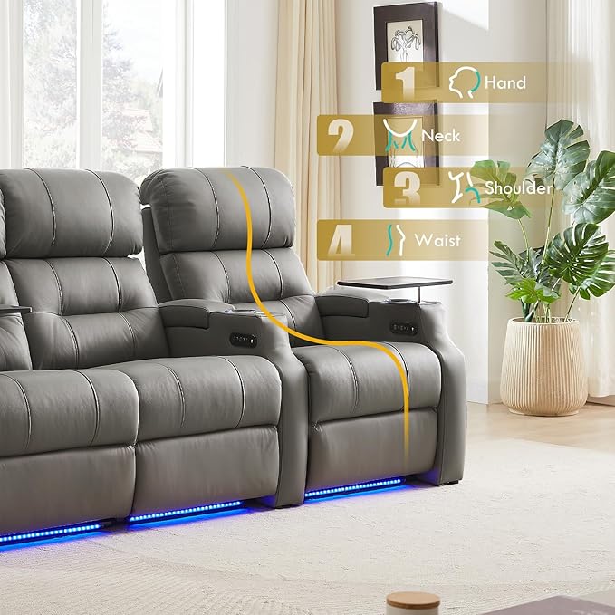 Weilianda Home Theater Seating, Top Grain Leather Sectional Seats Recliner Chair, Zero Gravity Reclining Sofa with Power Headrest 7 Colors Ambient Lighting USB C Charge Row of 3 Grey