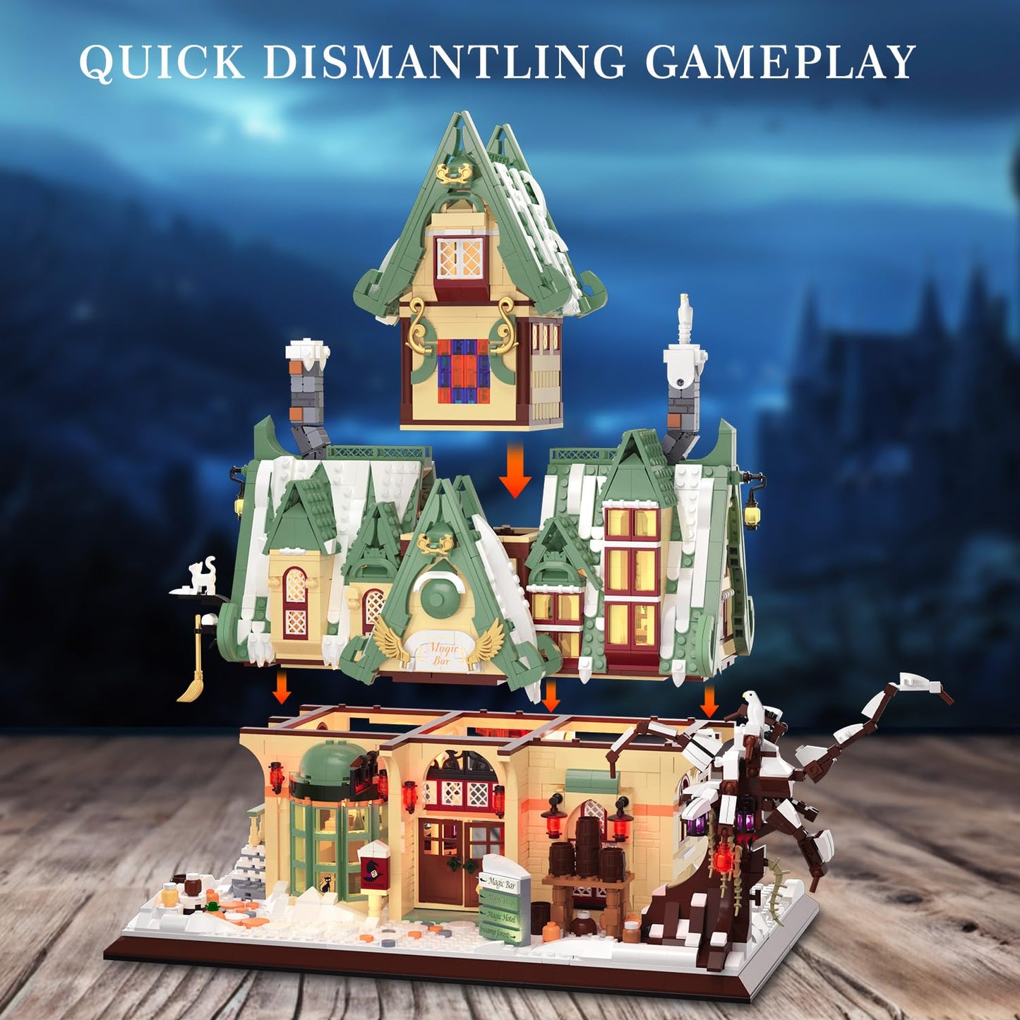 HOGOKIDS Magic Bar House Building Set with LED Light - Halloween House Architecture 3.6mm Mini Building Block Home Office Decor, Magical Birthday Gift for Adults Kids Age 10+ Boy & Girl (2479 PCS)