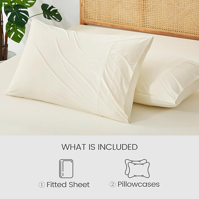 Cozy Bliss Premium Cooling Sheet Set Cali King Size, Q-Max>0.4, 3PCS No Flat Sheet with 2 Pillowcases, Breathable Fitted Sheet for Hot Sleepers & Night Sweats, Deep Pocket Up to 18 Inches, Cream White