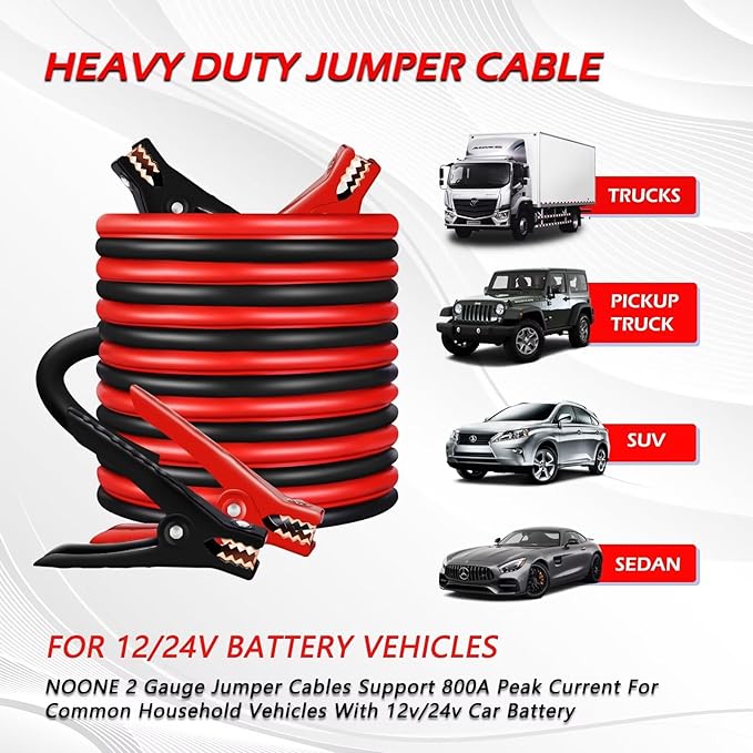 NOONE Jumper Cables for Car Battery - 2 Gauge 16 FT Heavy Duty Automotive Booster Jumper Cables for Jump Starting Dead or Weak Batteries (2AWG x 16Ft)