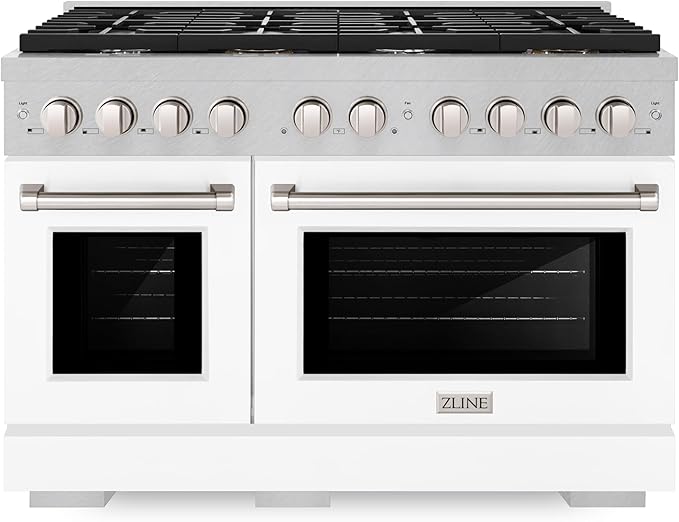 ZLINE 48 in. 6.7 cu. ft. Paramount Double Oven Dual Fuel Range with 8 Burner Gas Cooktop in Satin Stainless Steel with Whi...