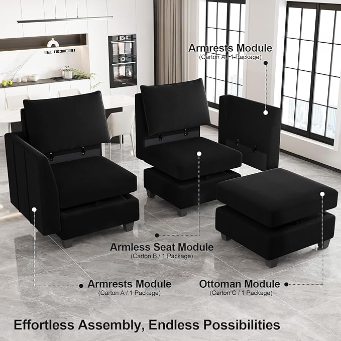 Belffin Oversized Modular Sectional Couch Sleeper Sofa with Storage Velvet Sectional Sofa Bed for Living Room, 12 Seats, Black