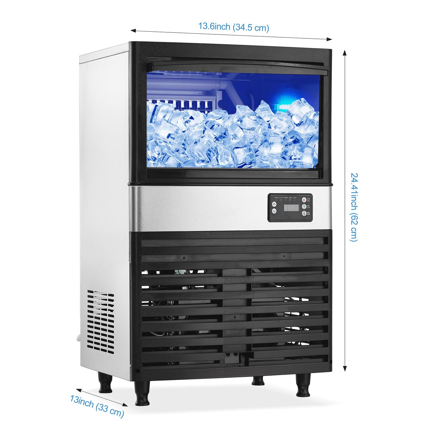 Commercial Ice Maker 130L/34.3Gal Output & 30L Storage | Dual Water Inlet & Auto Sanitization Cycle - Undercounter SUS304 Design with Programmable Timer for Bars, Restaurants, School Cafeterias