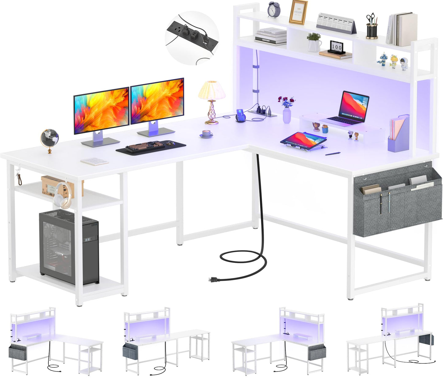 Aheaplus L Shaped Gaming Desk, Reversible 59" and 86" Computer Desk with Power Outlet & LED Strip, Large Gaming Desk with Storage Shelf & Monitor Stand, L Shaped Desk for Home Office, White