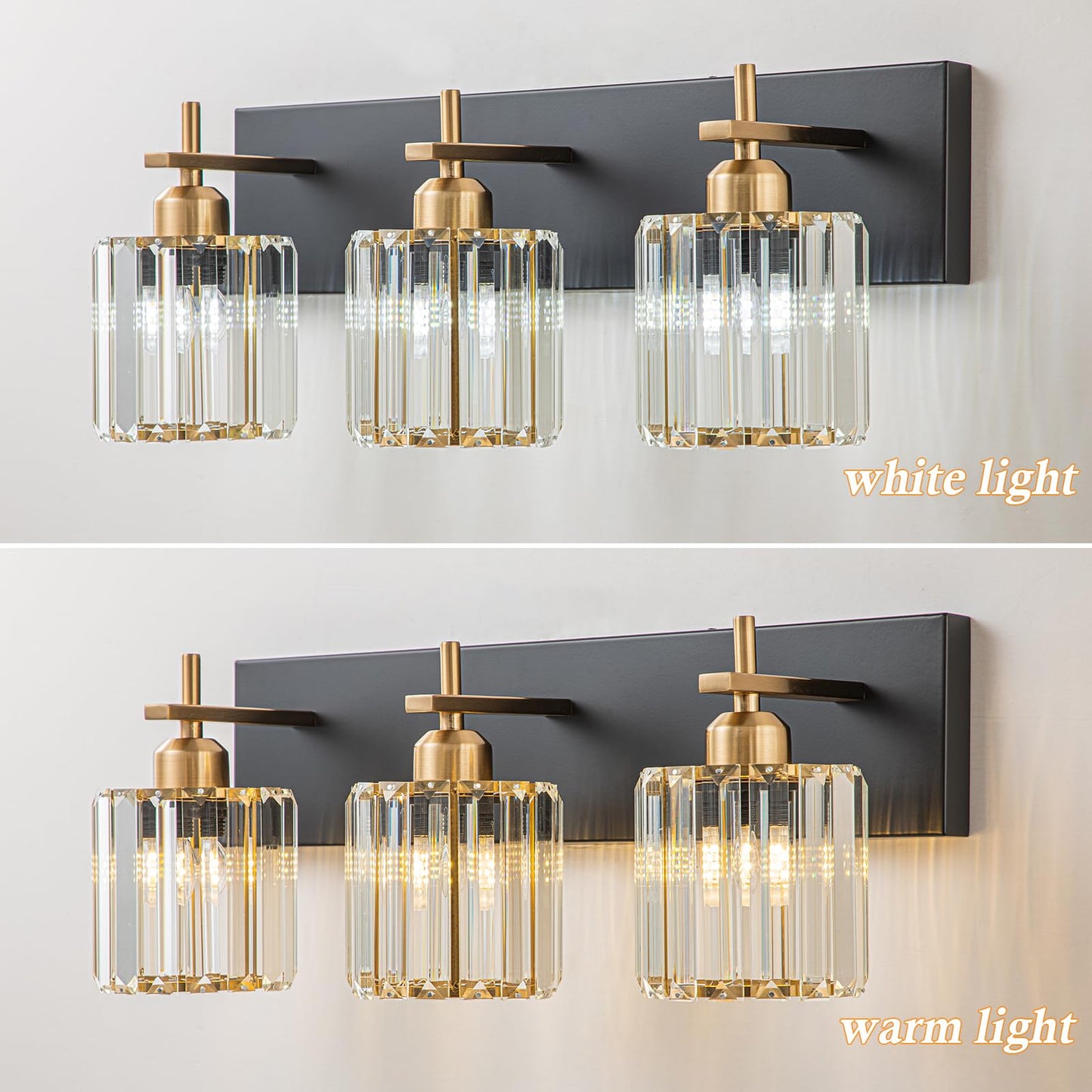 HUOKU Modern Crystal Bathroom Vanity Lights, Black Gold 3-Lights Bathroom Light Fixtures Over Mirror, Crystal Wall Lighting with Polished Gold Finish(Exclude Bulb)