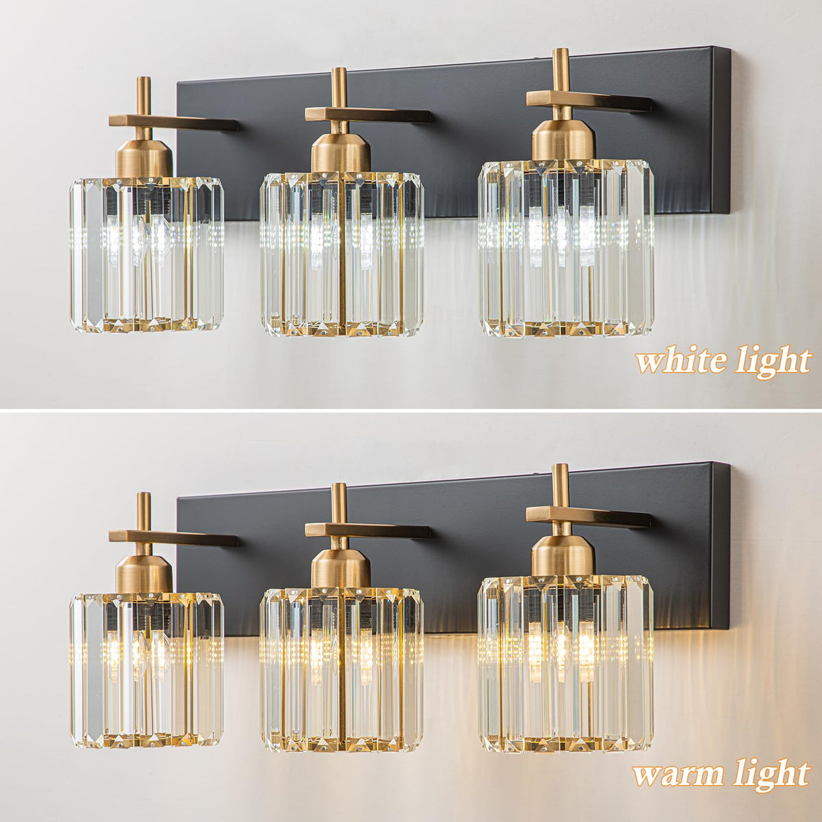 HUOKU Modern Crystal Bathroom Vanity Lights, Black Gold 3-Lights Bathroom Light Fixtures Over Mirror, Crystal Wall Lighting with Polished Gold Finish(Exclude Bulb)