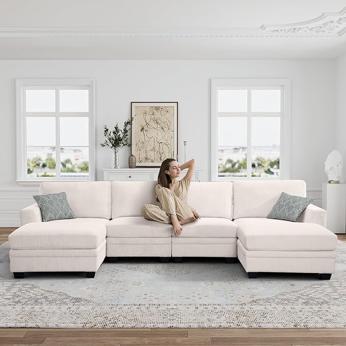 Legend Vansen Oversized Modular Sectional Sofa,6 Seat U Shaped Couch with Ottoman,Corduroy Sofa with Deep Seat,Convertible Large Sectional Couches for Living Room(Cream, U-6)
