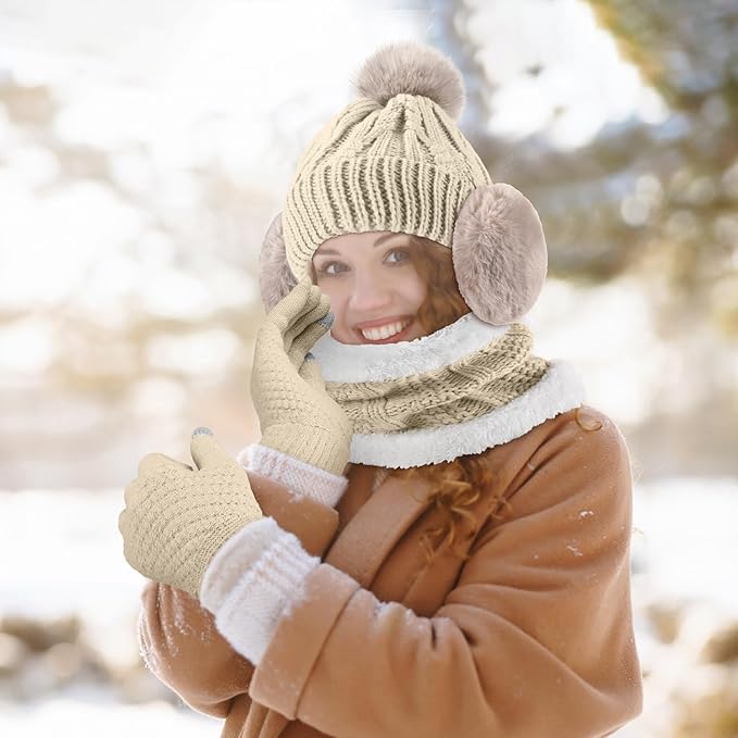 SATINIOR 5 Pcs Winter Hat Scarf Gloves Set Fleece Warm Lined Knit Beanie Hat Touch Screen Earmuff Gloves Warmer for Women(Beige,Fresh Style)