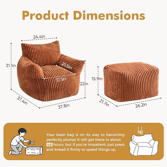 JULY'S SONG Bean Bag Chair with Ottoman for Adults, Fluffy Orange Lazy Couch Sofa Chair with Armrests for Living Room, Bedroom & Dorm