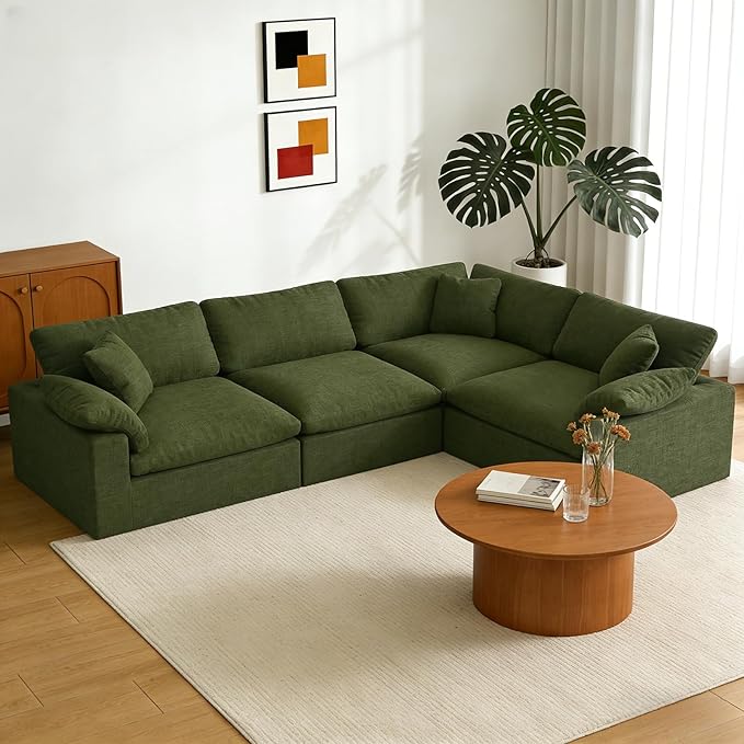 Forest aesthetics Modular Sectional Sofa, 4 Seater Cloud Couch,Down Filled Comfy Cloud Modern Sofa,Green Linen Oversized Couch Cushion Covers Removable for Living Room