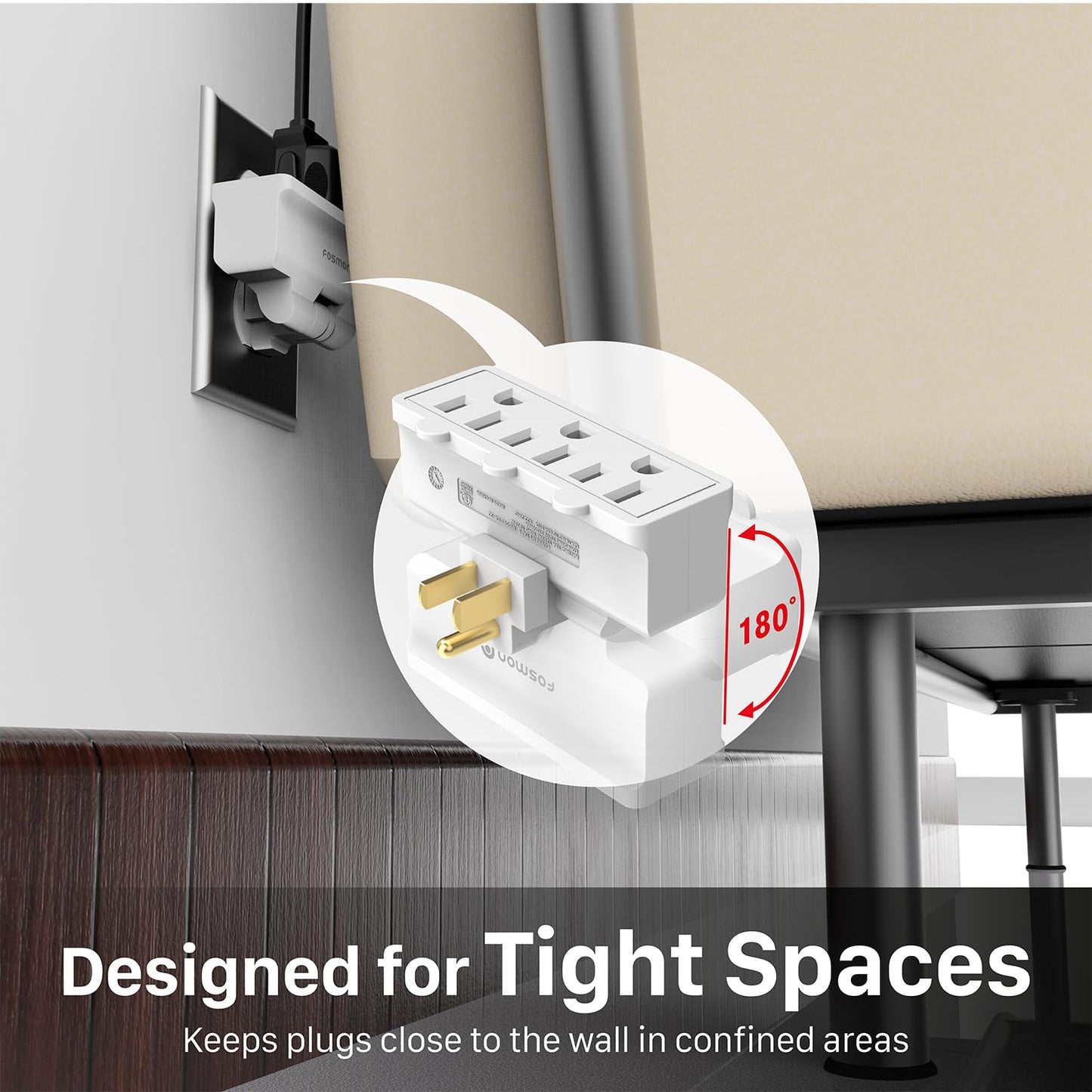 Fosmon 3 Outlet Adapter, 3 Way Rotating Outlet Plug Adapter, Swivel Plug Outlet 90 Degree Right Angle Plug Adapter, Three Way Ro