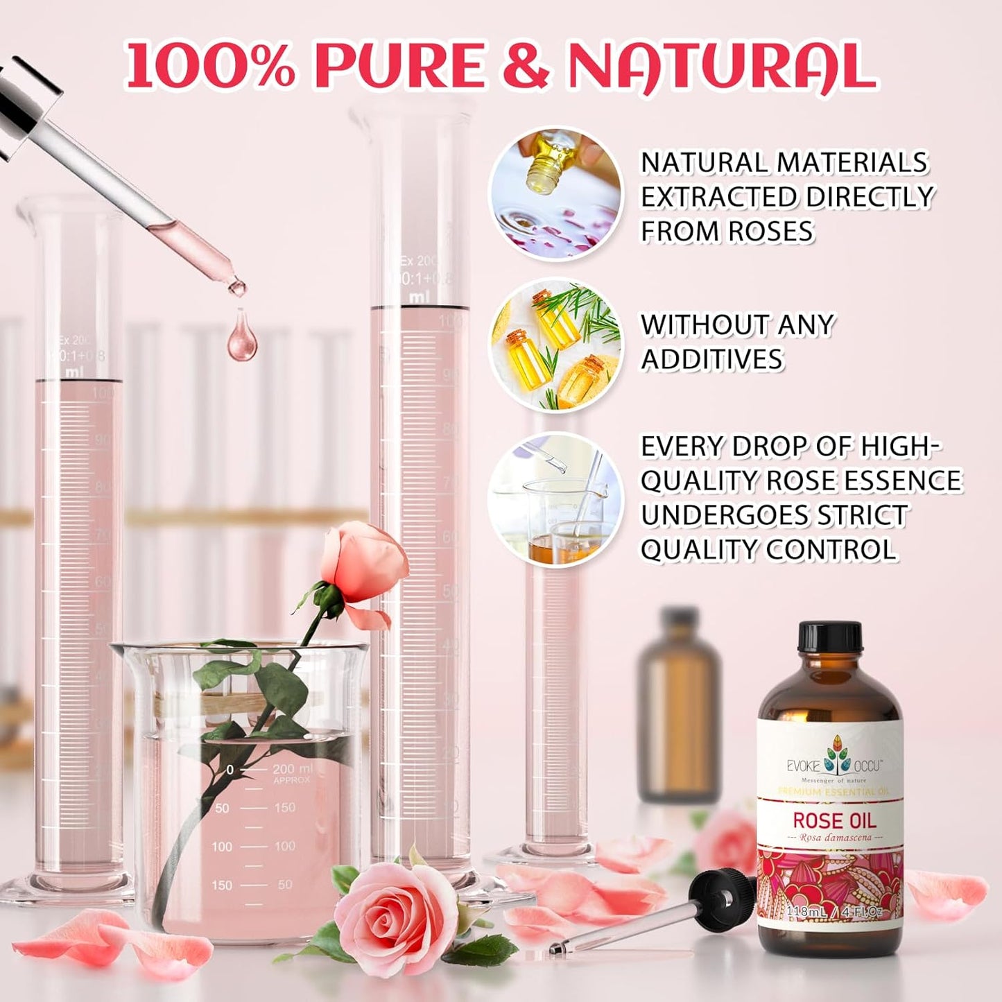 EVOKE OCCU Rose Essential Oil for Skin Care, Relaxation, Home Cleaning, Add to Diffuser and Spary, DIY Candle and Soap - 4 Fl Oz
