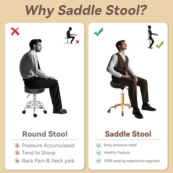 Saddle Stool with Wheels Ergonomic - Thick Wide Saddle Cushion, Healthy Posture No Pain, Easy to Adjust, Smooth Rolling No Creaky Noises, Rolling Swivel Saddle Stool Chair for Salon Massage (Black)