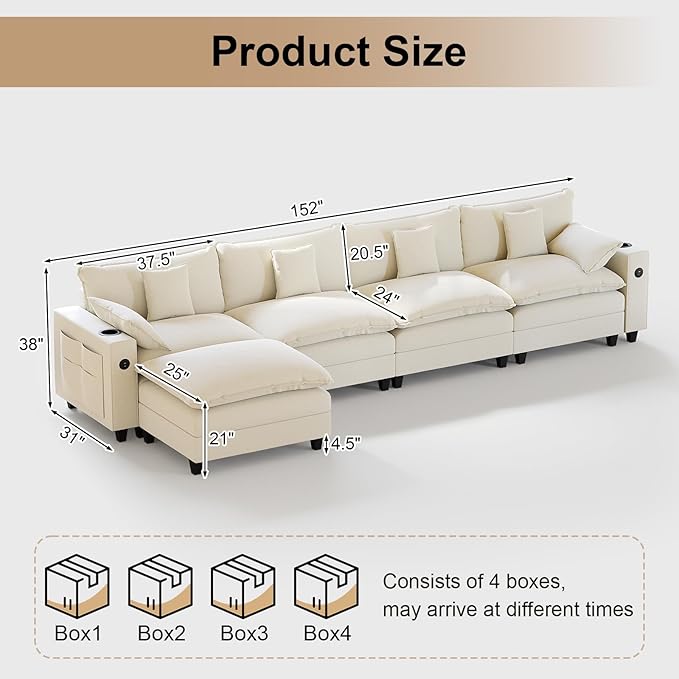 KCGKCG 152" Modular Sectional Sofa, L Shaped Cloud Couch with Movable Ottoman, Chenille Deep Seat Cloud Sofa with Charging Station, Cup Holder, Side Pocket, Sectional Couches for Living Room, Beige